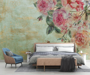 Bedroom Wallpaper Romantic floral wallpaper with large pink roses from Wall Curry, ideal for creating a cozy bedroom ambiance