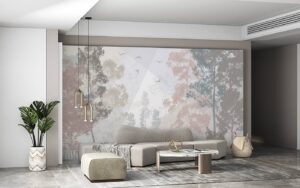Living Room Wallpaper Elegant pastel forest-themed wallpaper by Wall Curry, perfect for a modern living room